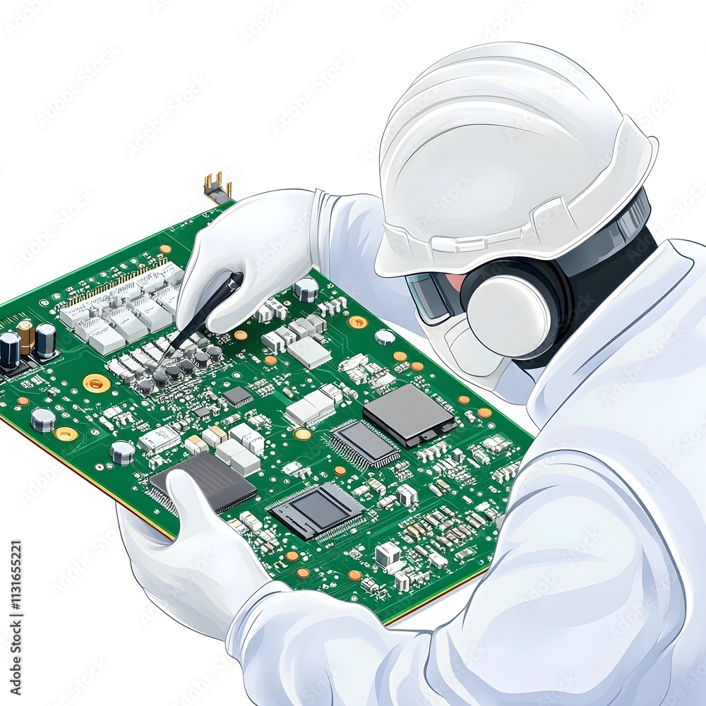 Poster technician examining circuit board with microchips and electronic components in laboratory environme