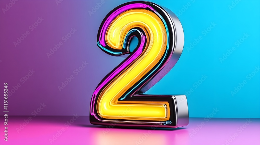 Aufkleber bright neon number two with colorful glow on modern gradient background