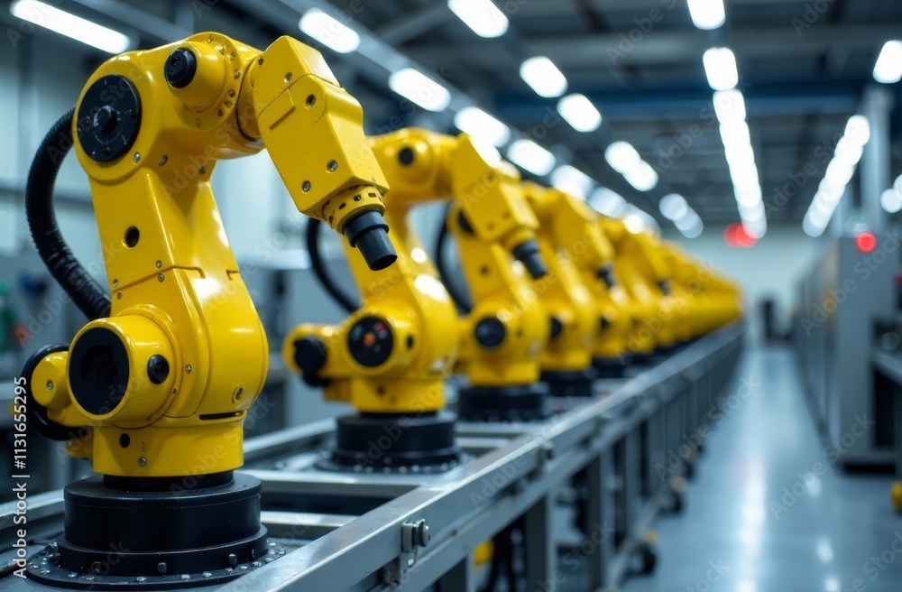 Poster rows of yellow robotic arms are engaged in automated assembly tasks within a high-tech manufacturing