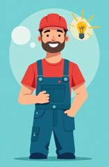 Fototapeta premium A cheerful worker wearing overalls and a red cap stands confidently, smiling with one hand on his hip. A light bulb appears above his head, symbolizing creativity and innovation.