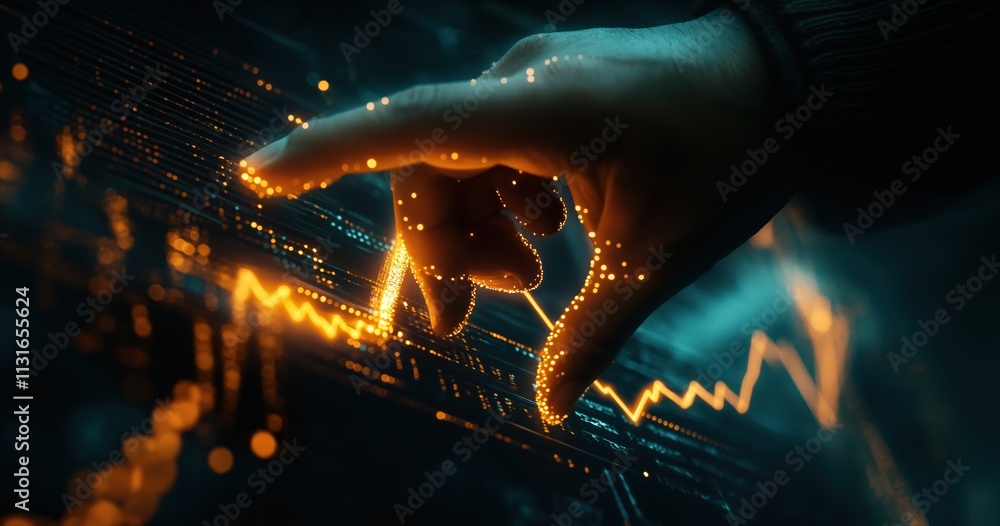 Poster A closeup of a hand interacting with a sleek digital display featuring glowing graphs and data points, symbolizing the complex journey of effective goal setting and selfimprovement