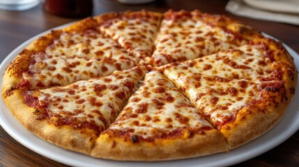 Delicious cheese pizza sliced on a white plate.