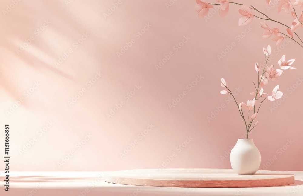 Poster minimalist abstract background for product presentation, pink podium with a flower in a vase on a li