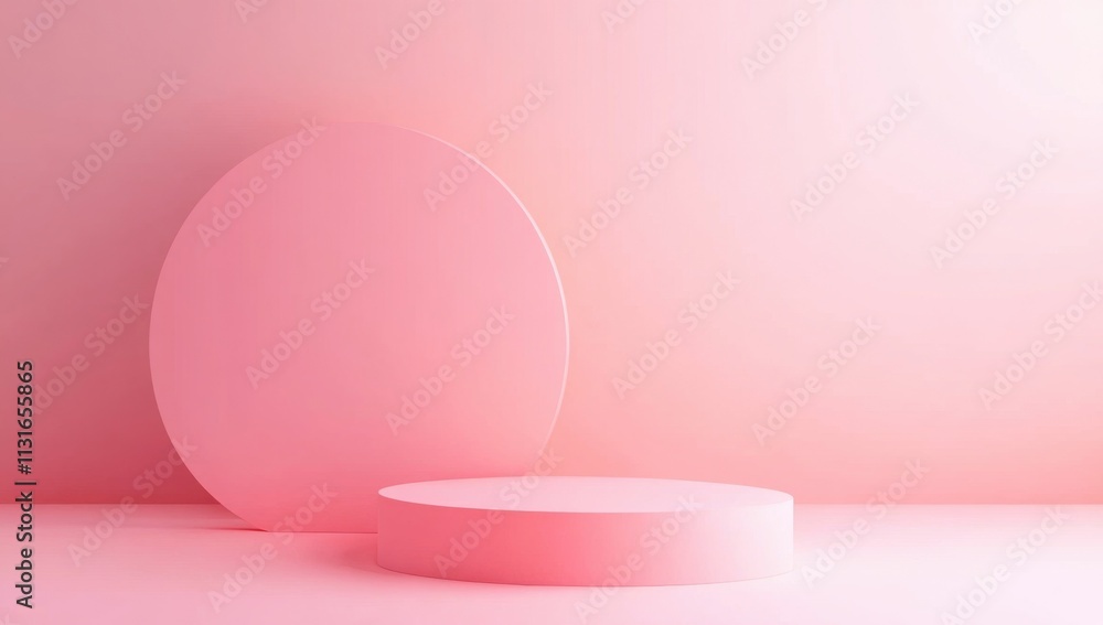 Aufkleber Abstract background with pink, empty podium platform and round figures on pastel wall for product presentation. Minimal concept in ultra simple style with empty space layout and place for text.
