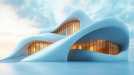 Obraz premium Curvaceous modern architecture blends seamlessly with serene surroundings at dusk