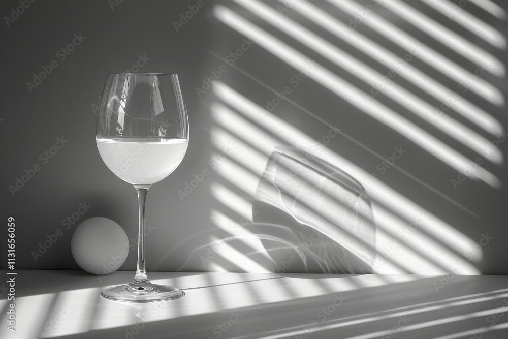 Poster a clear glass filled with water is placed on a surface beside a white egg. shadows from the window b