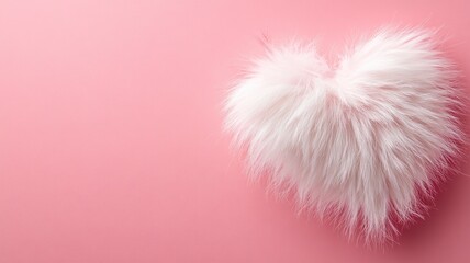 Obraz premium Fluffy heart-shaped fur pillow on soft pink background