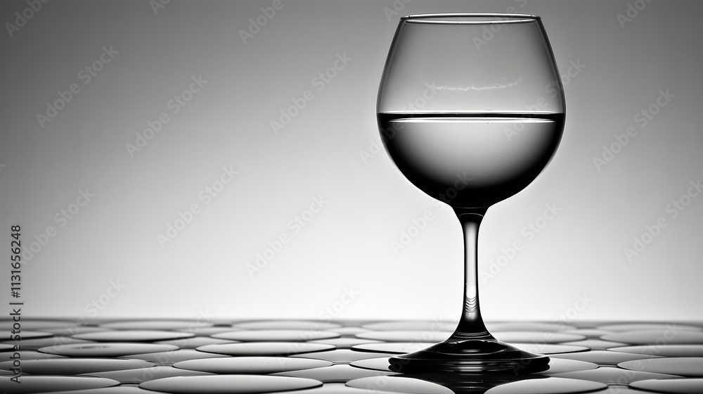 Poster a clear glass filled with water sits on a sleek surface with round patterns, emphasizing simplicity 