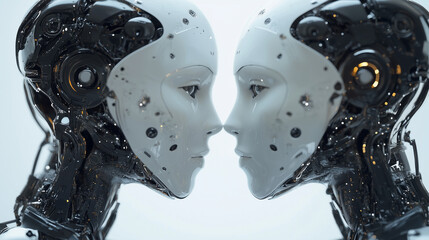 Sleek robotic figures engaged in a silent interaction showcasing futuristic design