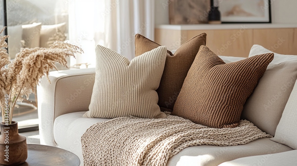 Poster Soft mocha mousse pillows rest on a comfortable sofa, complemented by a textured throw blanket. Sunlight streams through expansive windows, creating a warm, inviting atmosphere perfect for relaxation