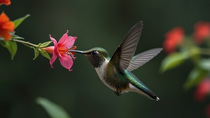 Fototapeta premium Hummingbird in flight feeding on a pink flower.
