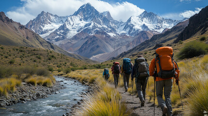 Group of friends hiking along a river trail in the mountains on a sunny day