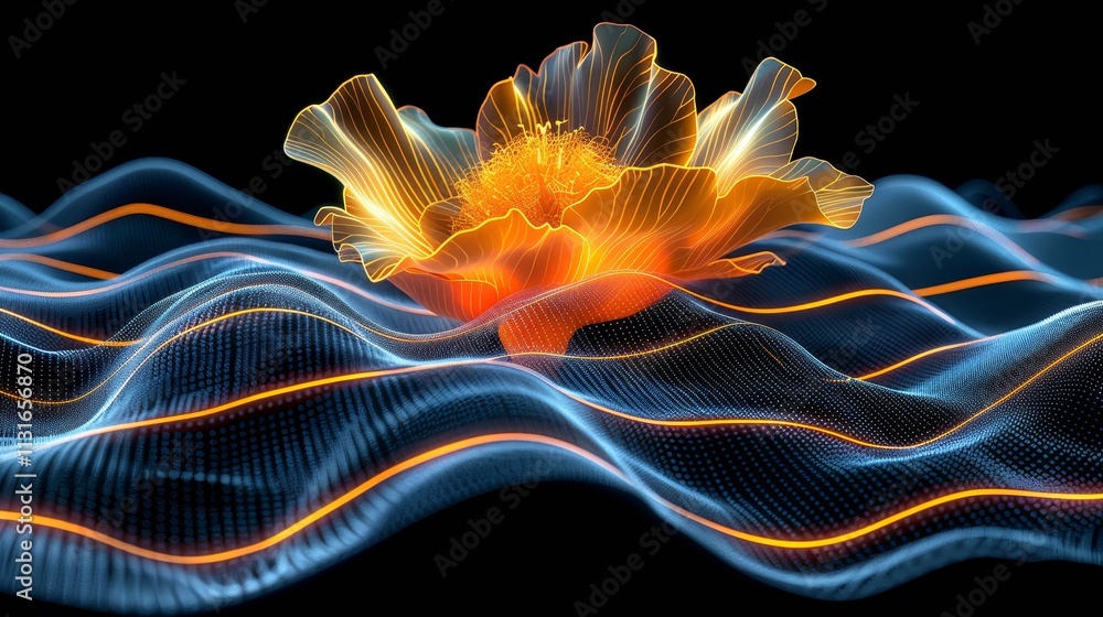 Poster a stunning digital representation of a flower emerges from flowing waves of color, showcasing intric