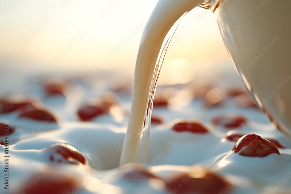 Poster a stream of milk being poured over a surface with red berries, creating a creamy texture.