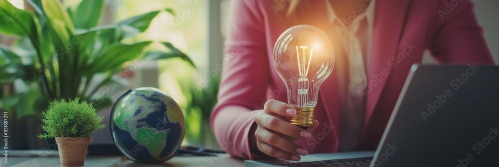 Poster in a vibrant workspace, a skilled professional holds a radiant lightbulb symbolizing innovative idea