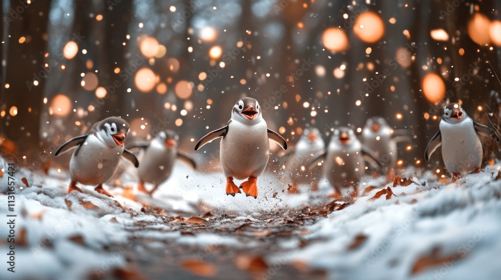 Poster happy penguins running in snowy forest with bokeh lights.