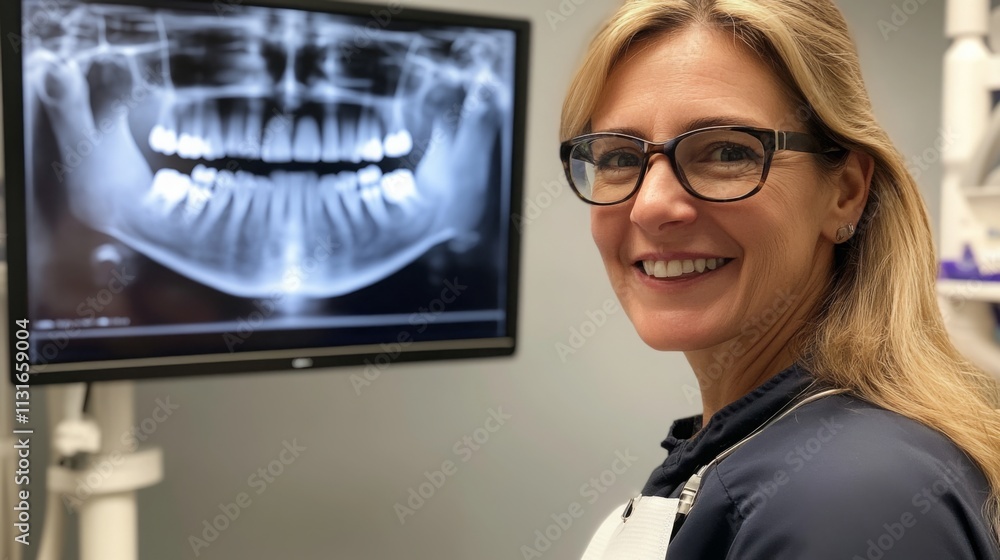 Poster a dental professional smiles while analyzing an x-ray displayed on a screen in a modern dental clini