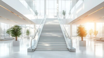 Obraz premium Modern staircase in a bright, spacious lobby with plants and large windows.
