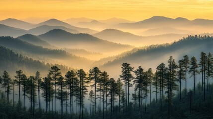 Misty mountain range at sunrise, showcasing layers of hills and silhouettes of tall pine trees in a valley.