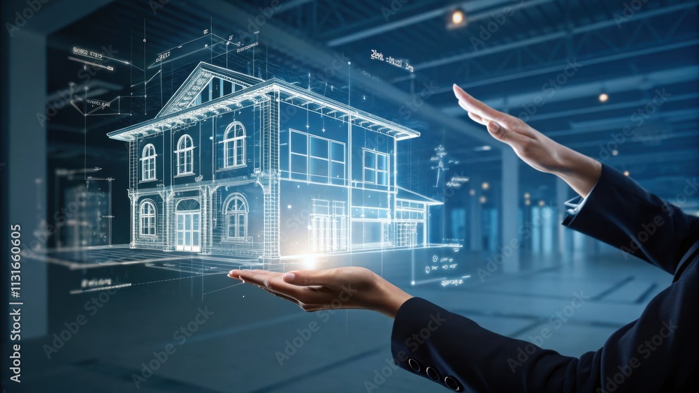 Poster architect is using augmented reality technology to interact with a futuristic 3d model of a sustaina