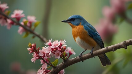Vibrant blue bird perched on a flowering branch.
