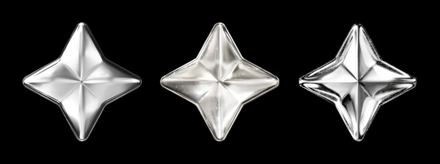 Three silver stars isolated on black background bright 3d elements. Y2k modern chrome design.