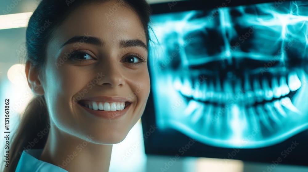 Poster a dentist with a bright smile stands in front of a large digital x-ray display in a contemporary den