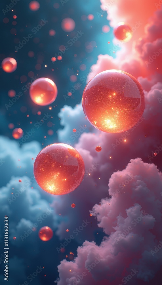 Poster 3d spheres floating in space surrounded by swirling colorful gases