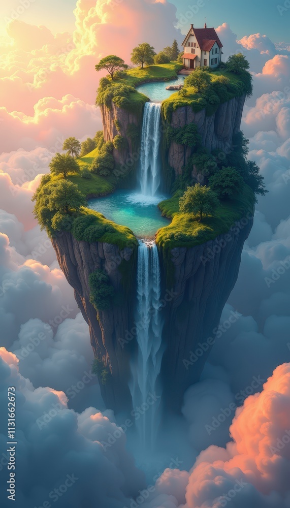 Poster floating islands with waterfalls cascading into glowing clouds below