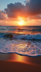 Naklejka premium ocean sunset with waves gently lapping against a sandy shore
