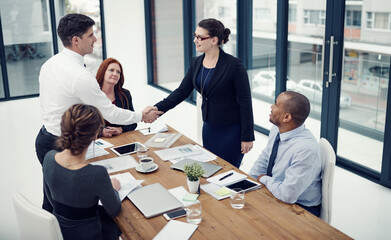 Business people, handshake and success for deal with thank you, agreement and diversity in office....