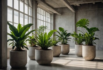 Fototapeta premium Interior space filled with large potted plants by wide windows