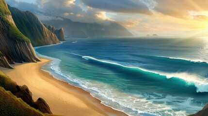 Obraz premium Enjoy stunning coastal views with rocky cliffs, vibrant sunsets, and the soothing sound of ocean waves at this perfect summer getaway.