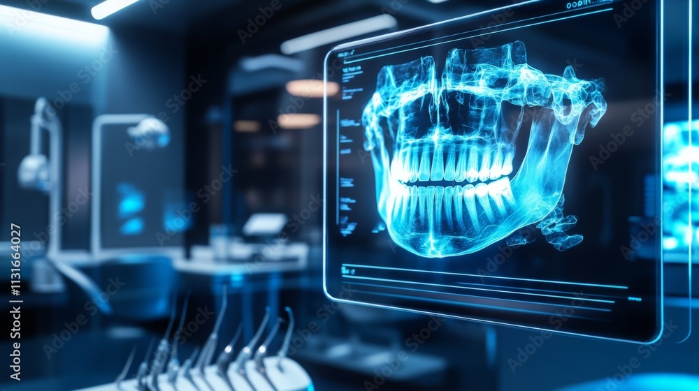 Poster advanced ai technology is showcased in a dental office, highlighting a digital display of a patient'