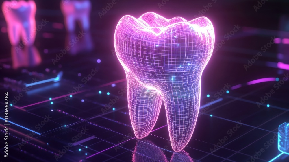 Poster A futuristic 3D depiction of a tooth is displayed, designed with advanced AI elements. The glowing design highlights protective aspects relevant to dental care in a modern setting.