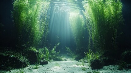 Fototapeta premium In a serene underwater realm, towering giant seaweed dances gently with the currents while shafts of sunlight pierce the surface, illuminating the vibrant marine ecosystem below