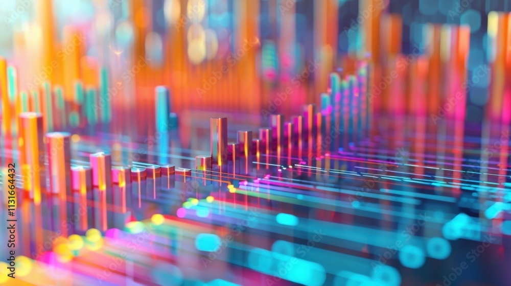 Poster colorful bar graph growing on a glossy glass surface, reflecting vibrant statistics and illustrating
