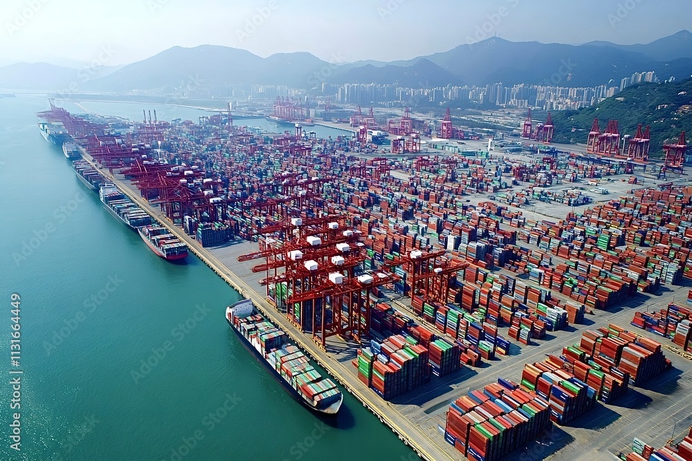 Poster container ships docking and unloading at a busy port terminal