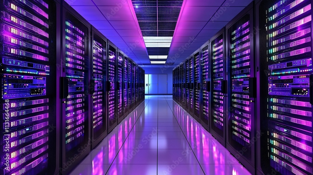 Poster Illuminated server room with rows of racks.