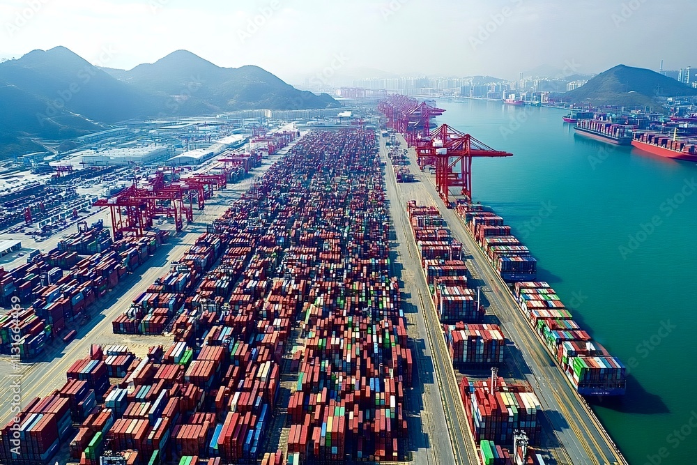 Poster cargo cranes loading containers at a busy port