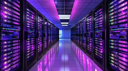 Fototapeta premium Illuminated server room with rows of racks.