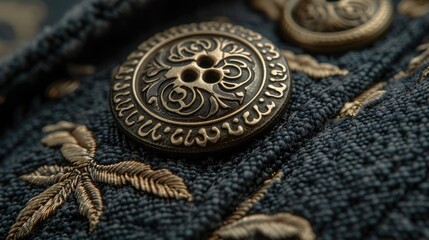Obraz premium Close-up of ornate metallic button on dark denim fabric with gold embroidery.
