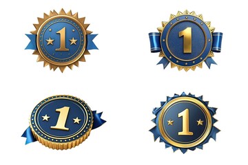 Fototapeta premium different elegant blue and gold circle best quality label with big number 1 in the middle and small stars, luxury ribbons and serrated edge on white background