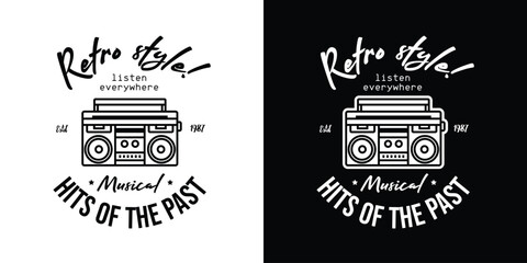 Emblem of the musical retro style. Portable stereo recorder. A boombox. Original vector illustration in vintage style. T-shirt design.