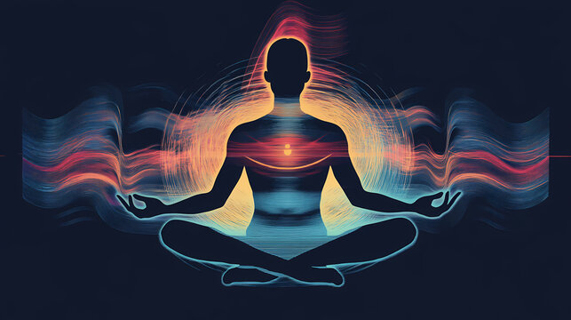 Figure in lotus position, hz schumann resonance waves enveloping, grounding meditation. Resonance. Illustration