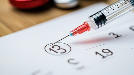 Medical syringe placed on calendar highlighting date