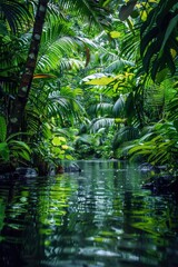 A still and serene river beautifully reflecting the vibrant greens found within a lush tropical rainforest