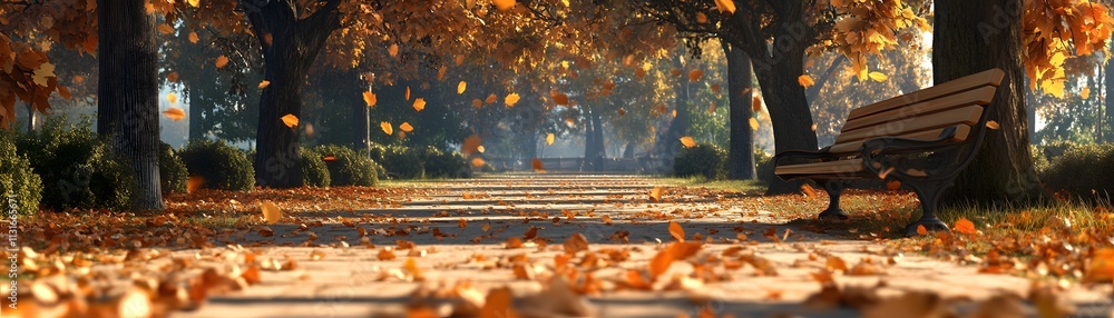 Poster a serene park path adorned with vibrant autumn leaves, inviting tranquility and reflection. sunlight