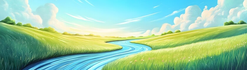 Fototapeta premium A serene landscape featuring a gently flowing river surrounded by lush green fields and a bright blue sky dotted with fluffy white clouds, perfect for nature enthusiasts.
