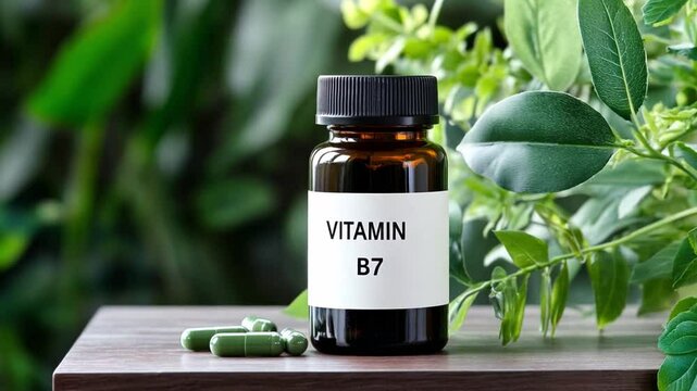 Bottle of vitamin B7 displayed with green foliage in a wellness setting for healthy living
